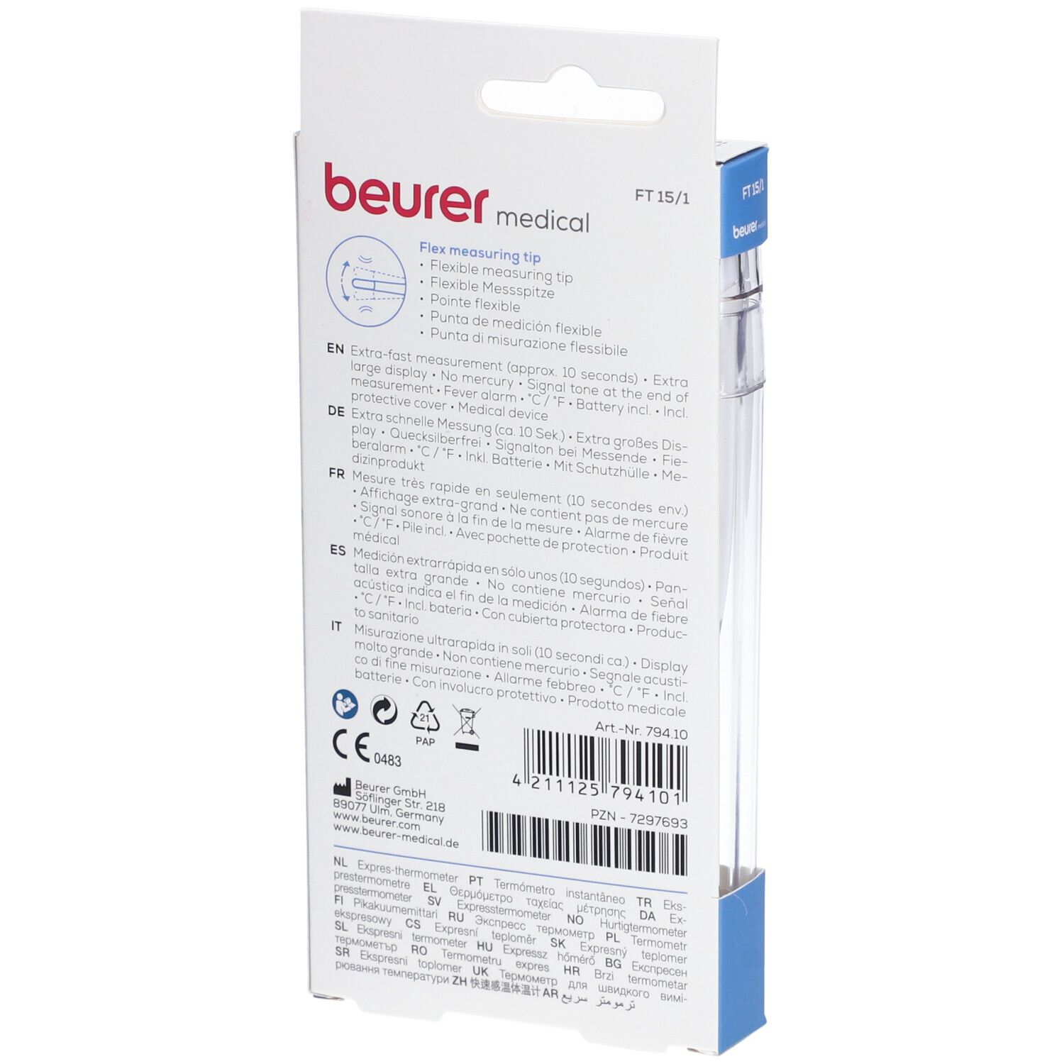 Dos de l'emballage. Informations sur le produit, y compris les certifications et le fabricant.