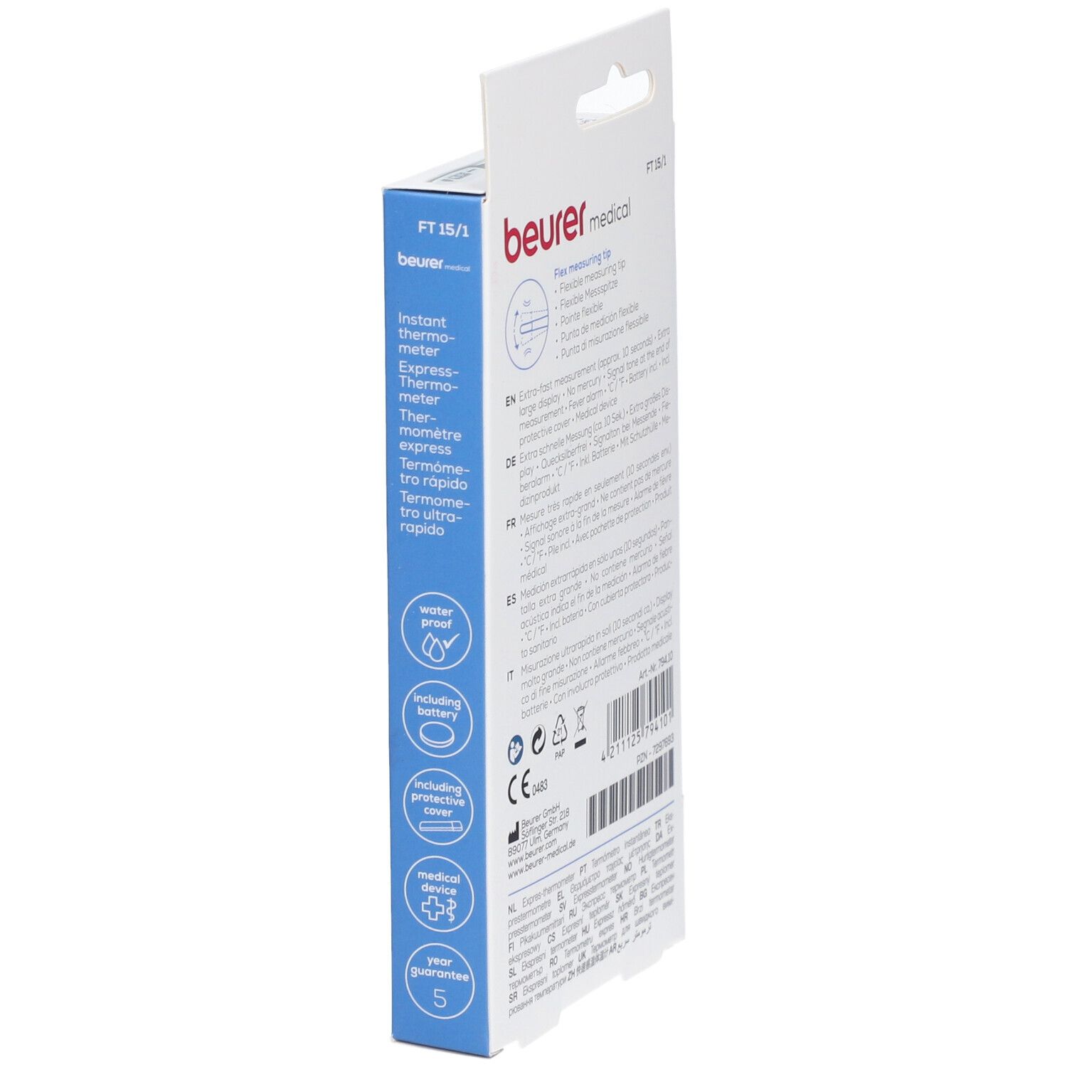 Vue latérale de l'emballage. Informations sur le produit et logos. Comprend pile et étui de protection.