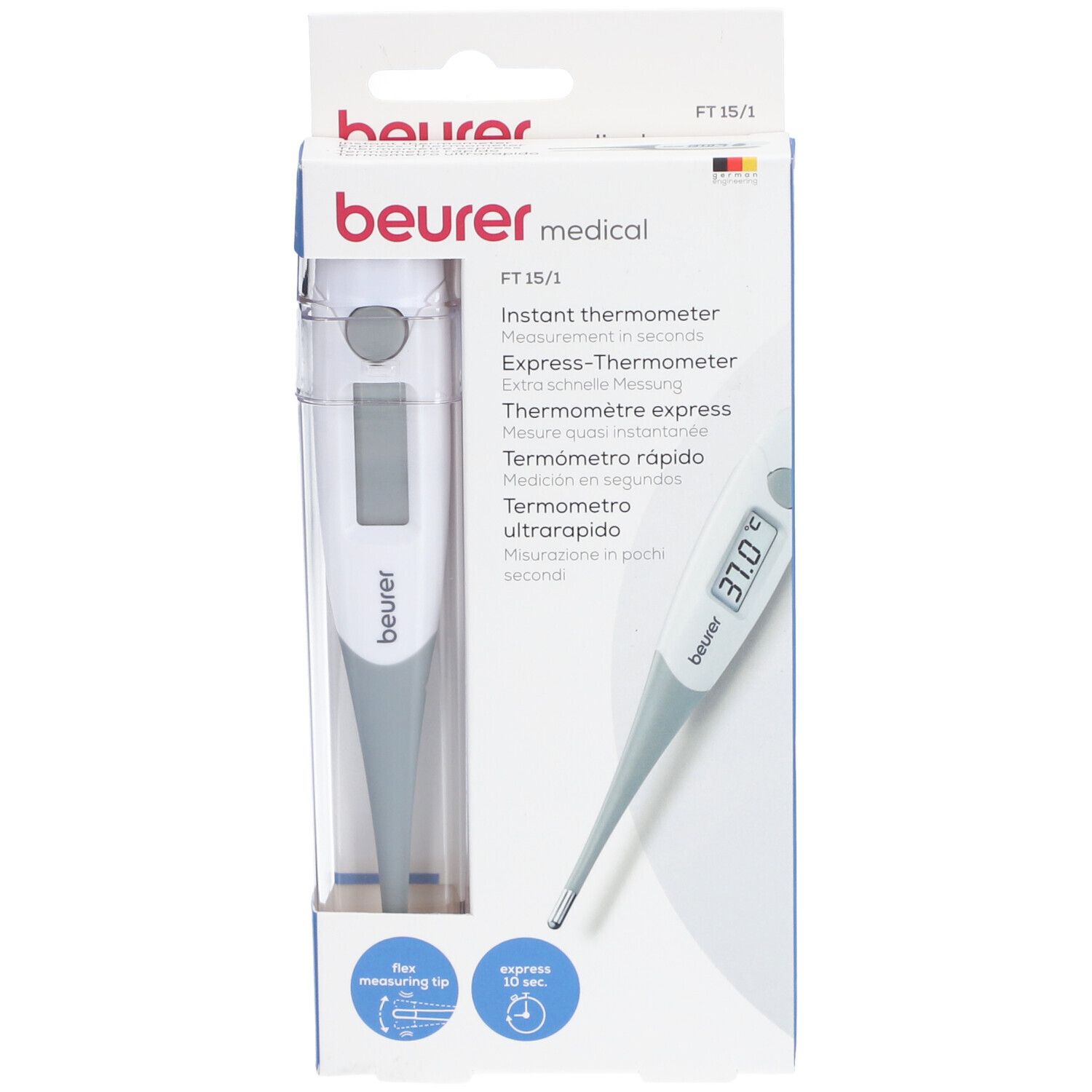 Emballage avec thermomètre numérique. Logo Beurer et désignation du produit FT 15/1.