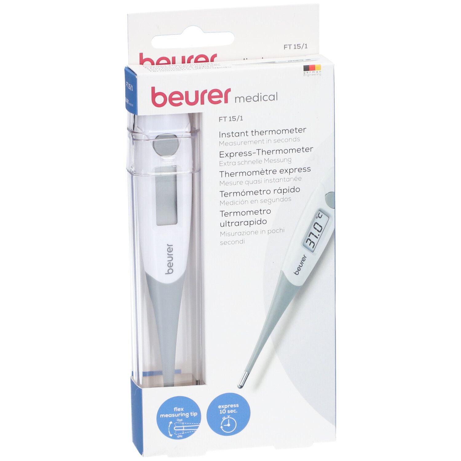 Emballage avec thermomètre numérique. Logo Beurer et désignation du produit FT 15/1.
