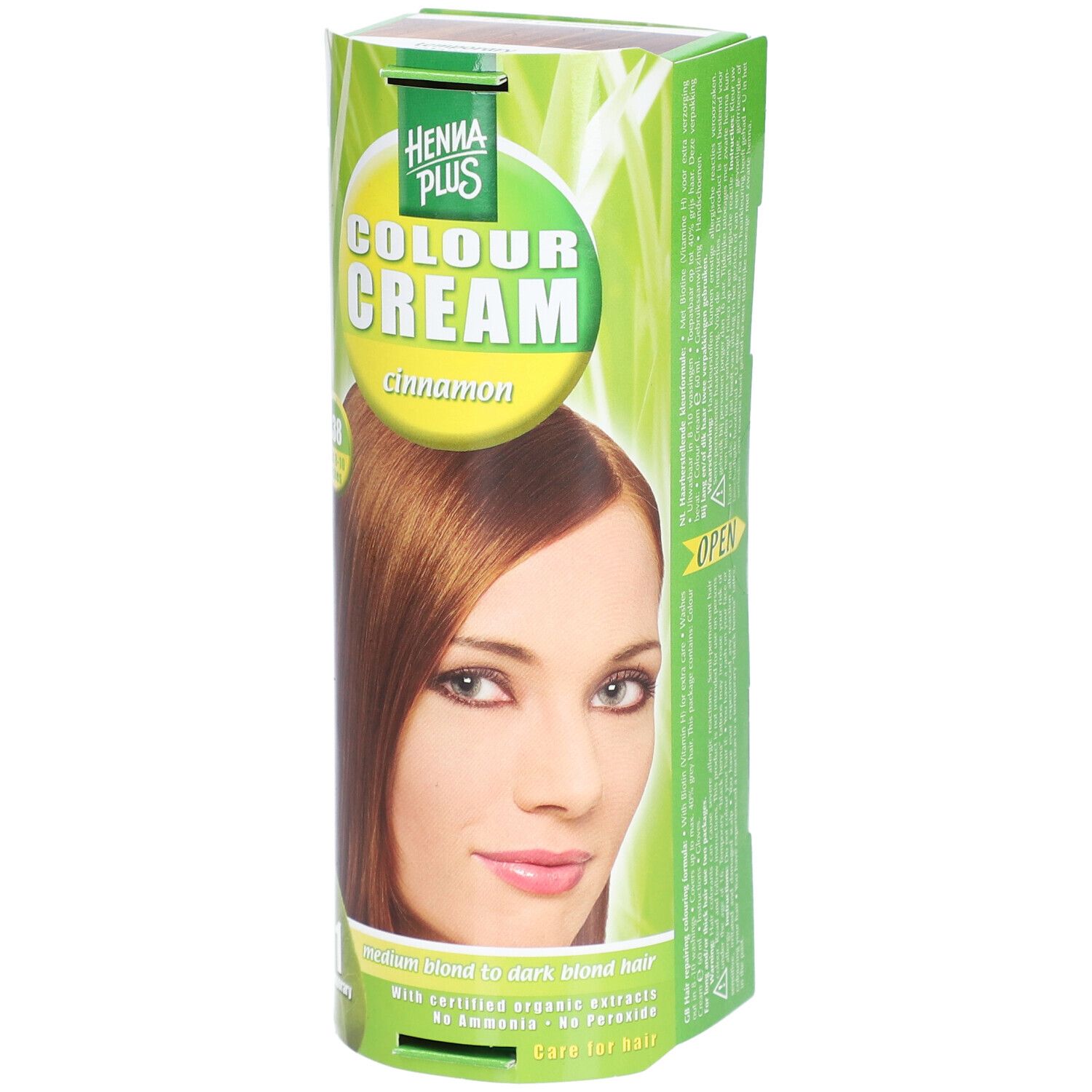 Emballage pour Henna Plus Colour Cream 7.38 Cannelle avec image d'une femme aux cheveux bruns.