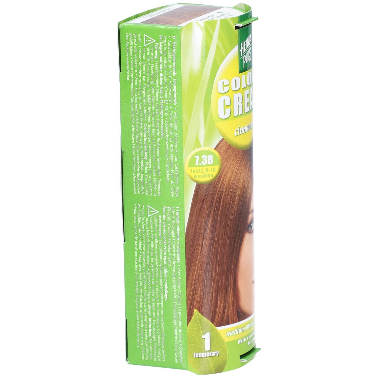 Vue latérale de l'emballage Henna Plus Colour Cream 7.38 Cannelle. Contient des instructions d'application.