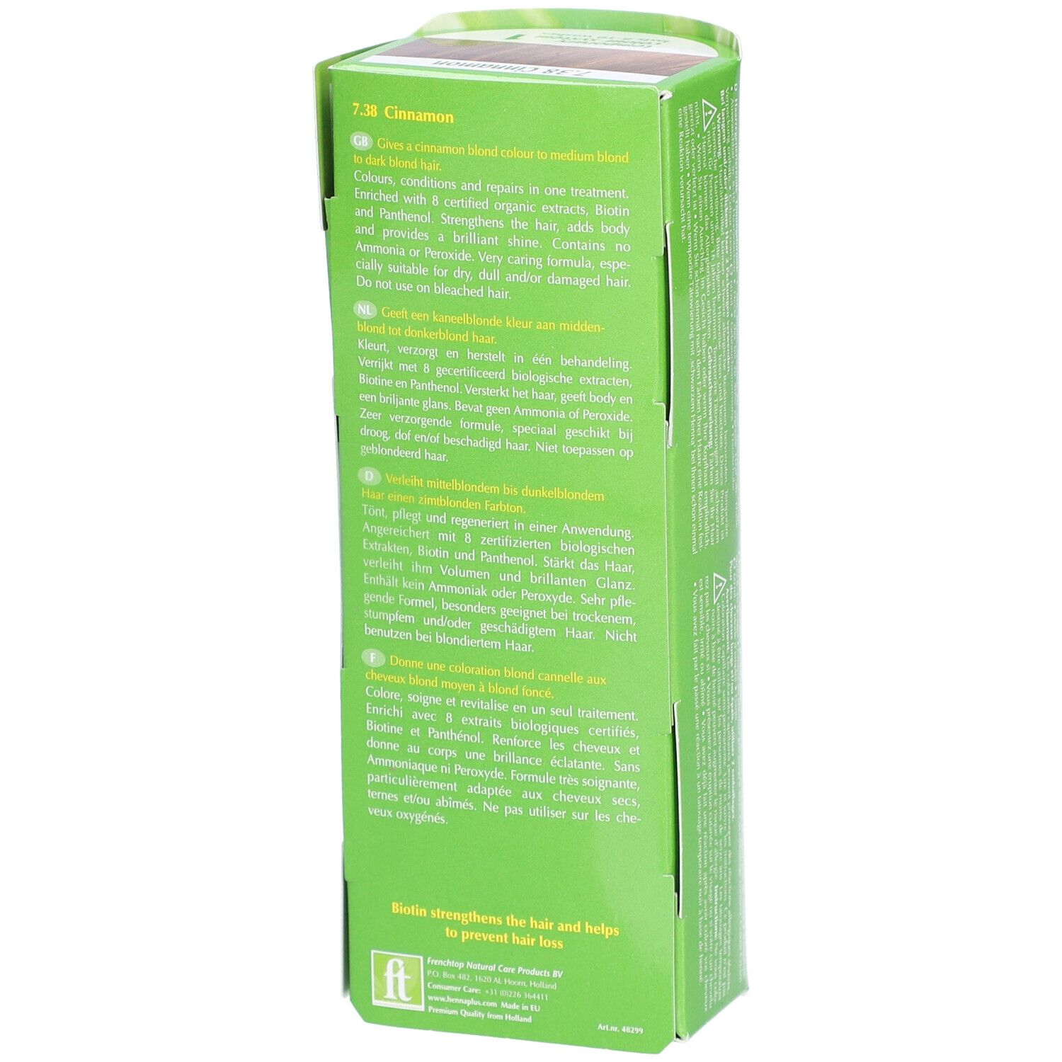 Arrière de l'emballage Henna Plus Colour Cream 7.38 Cannelle avec informations détaillées sur le produit.