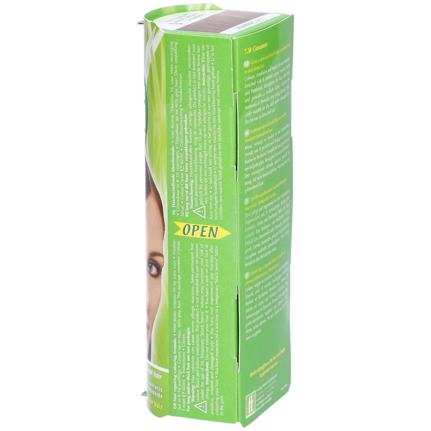 Emballage Henna Plus Colour Cream 7.38 Cannelle, vue latérale avec marque "OPEN".