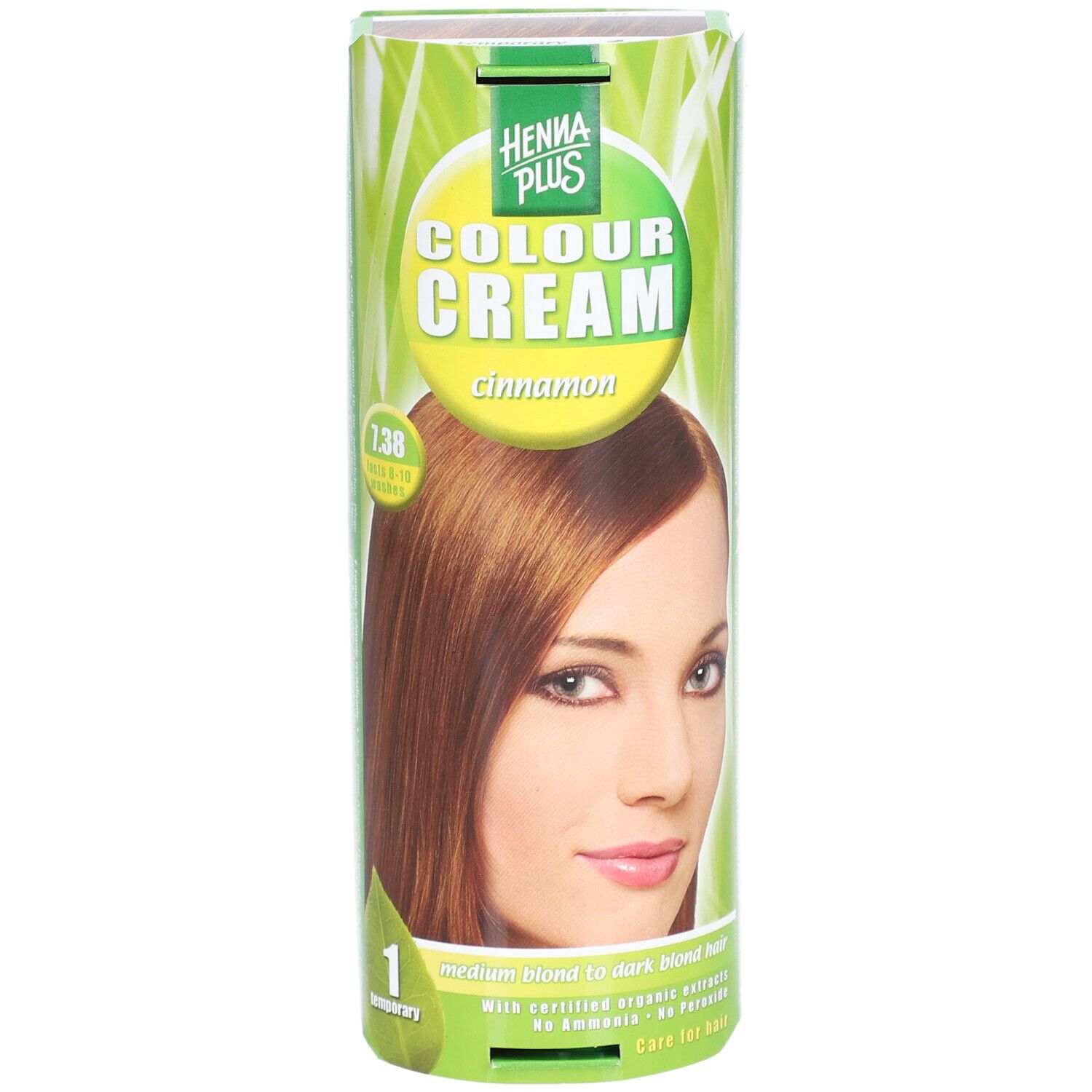 Avant de l'emballage Henna Plus Colour Cream 7.38 Cannelle, montrant la teinte et une femme.