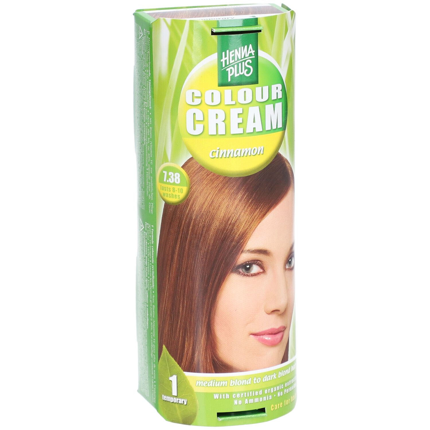 Emballage pour Henna Plus Colour Cream 7.38 Cannelle, montré légèrement en biais de face.