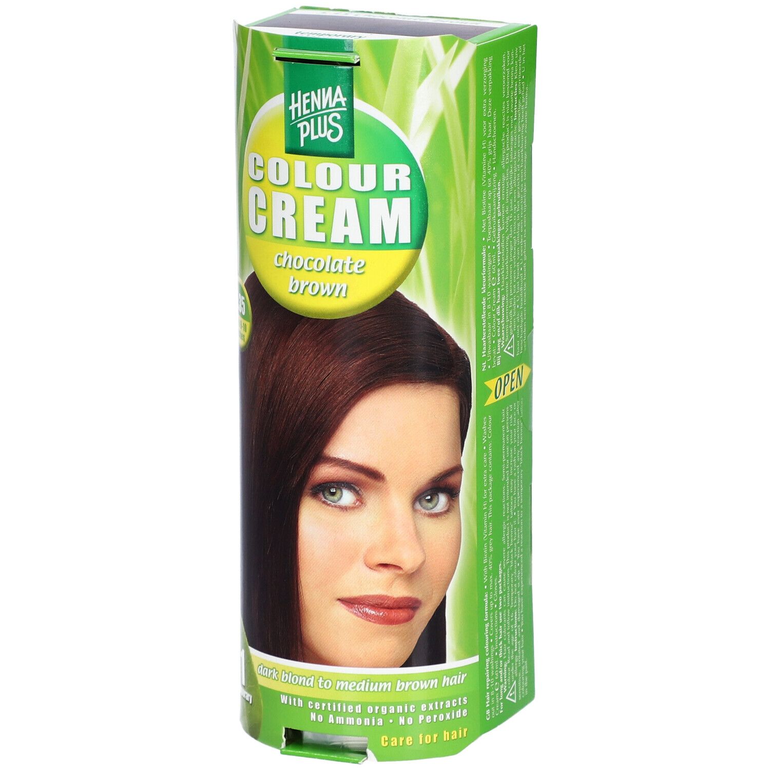 Henna Plus Colour Cream 5.35 Brun Chocolat emballage avec portrait de femme et informations sur la couleur.