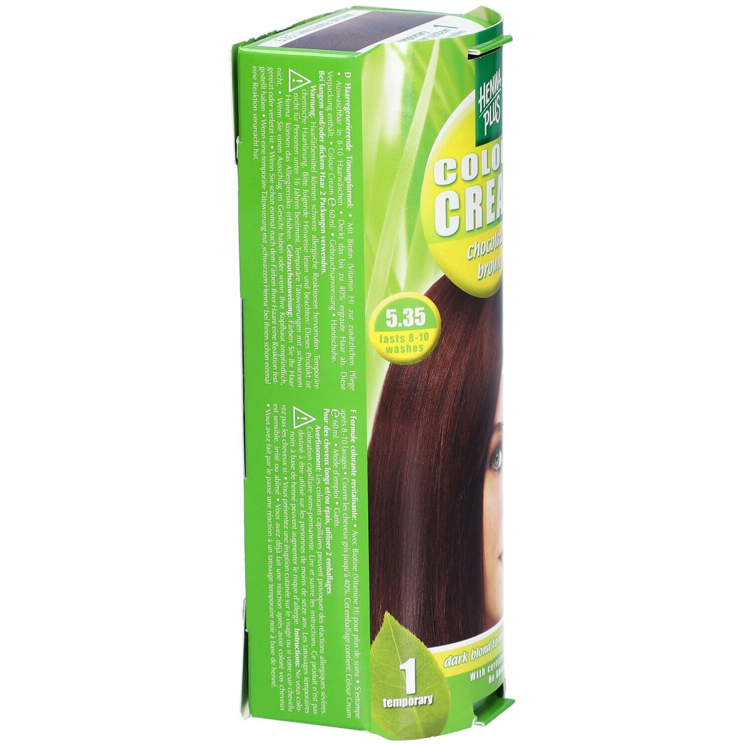Emballage Henna Plus Colour Cream 5.35 Brun Chocolat, vue latérale avec instructions d'application.