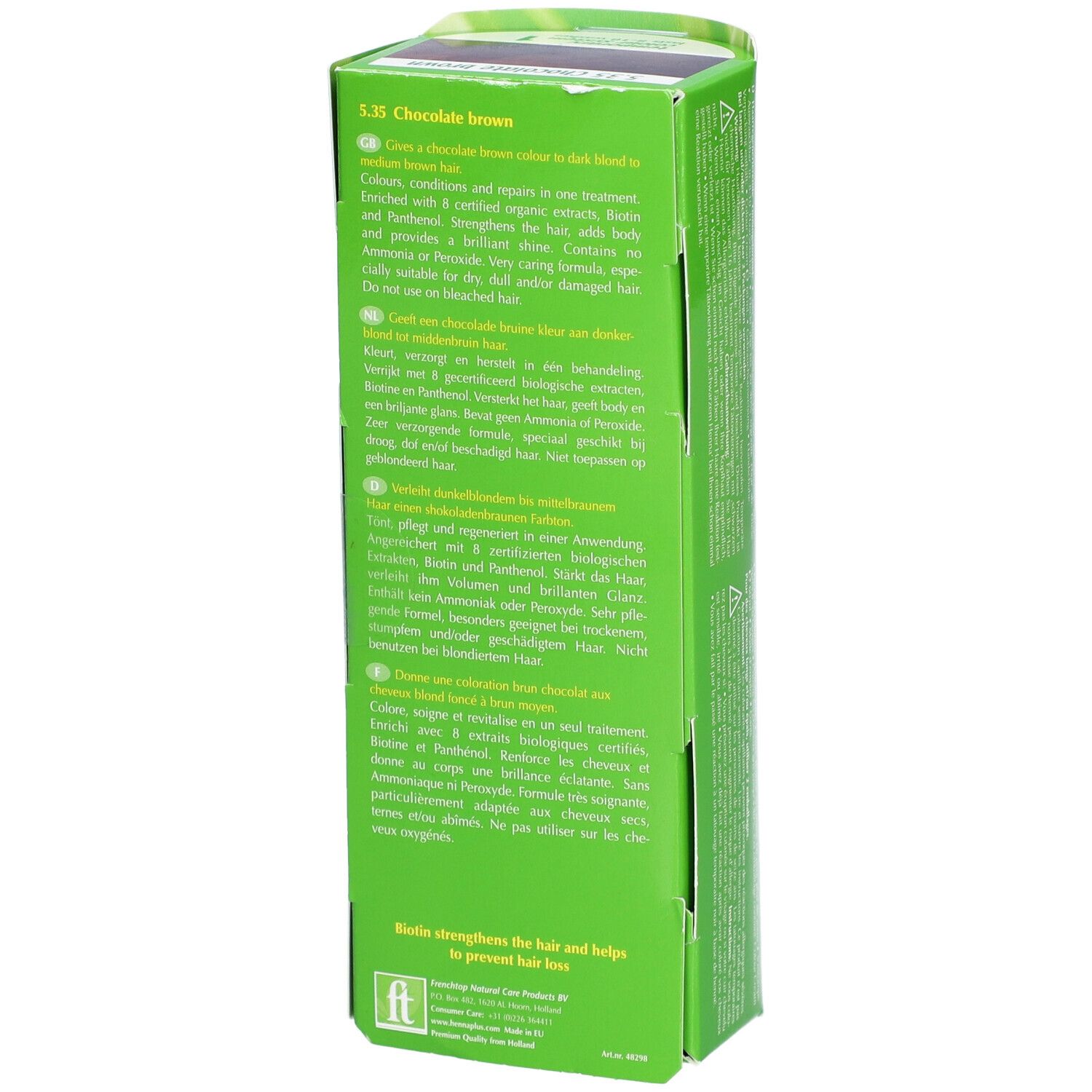 Dos de l'emballage Henna Plus Colour Cream 5.35 Brun Chocolat avec informations détaillées sur le produit.