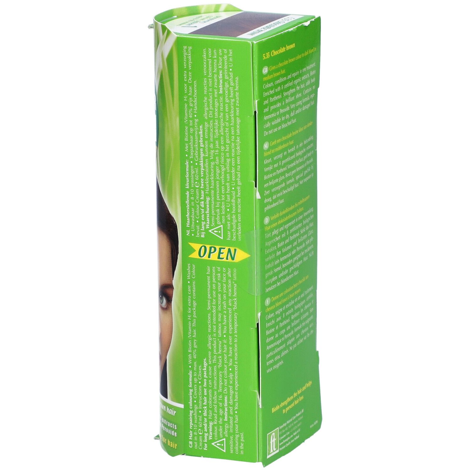 Vue latérale de l'emballage Henna Plus Colour Cream 5.35 Brun Chocolat avec texte et marque 'OPEN'.