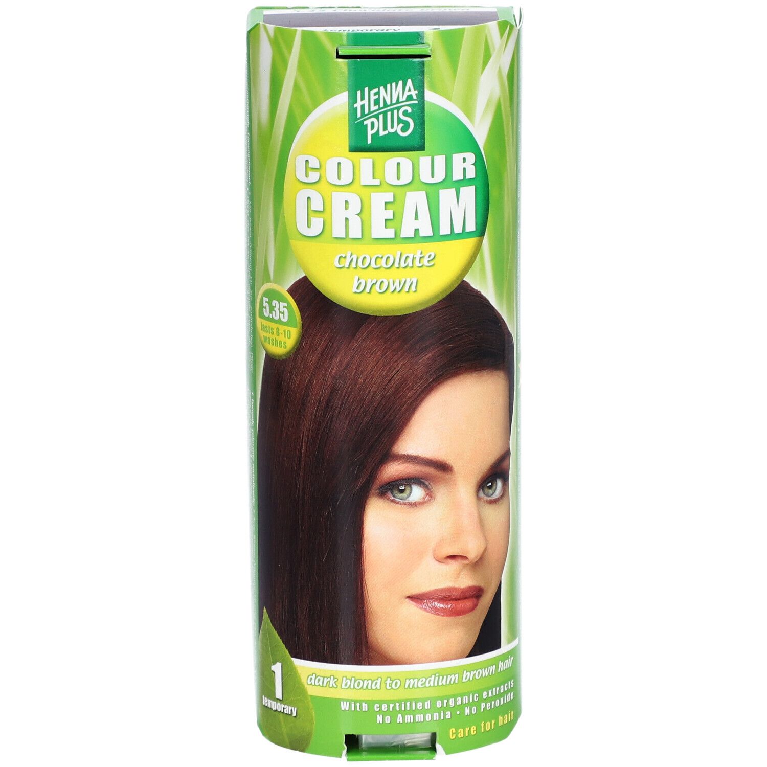 Avant de l'emballage Henna Plus Colour Cream 5.35 Brun Chocolat avec portrait de femme et indication de couleur.