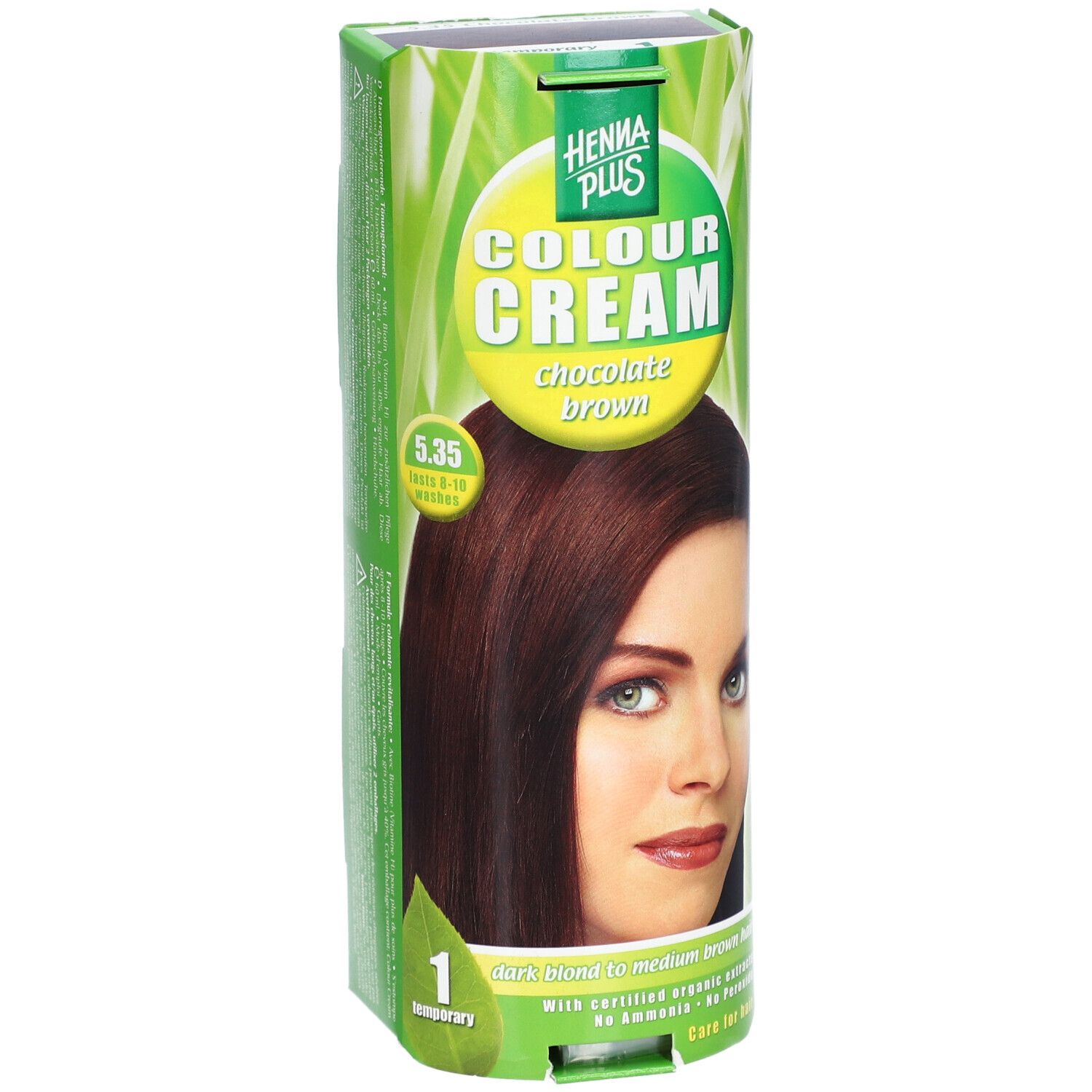 Emballage Henna Plus Colour Cream 5.35 Brun Chocolat, avant avec portrait de femme et caractéristiques du produit.