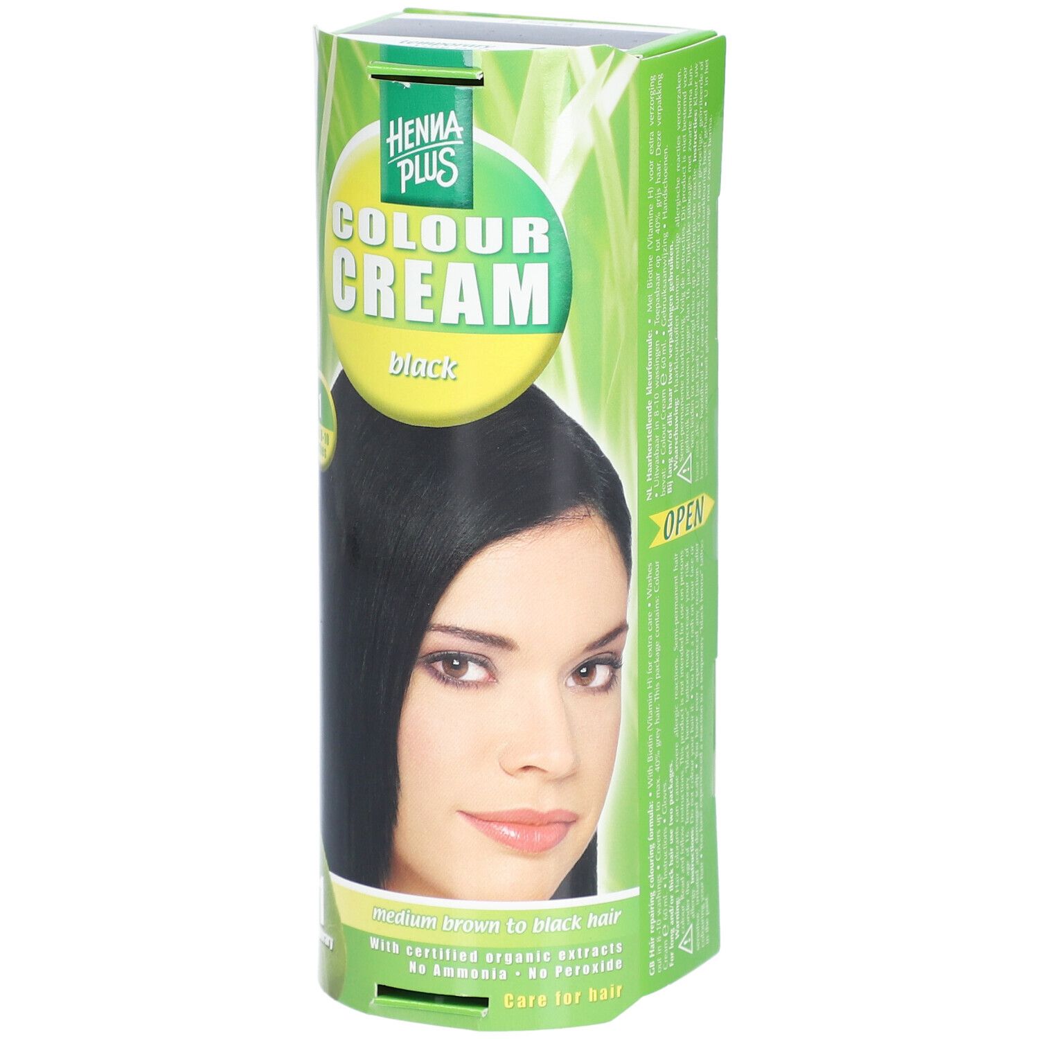 Emballage pour Henna Plus Colour Cream Noir. Montre une femme aux cheveux noirs.