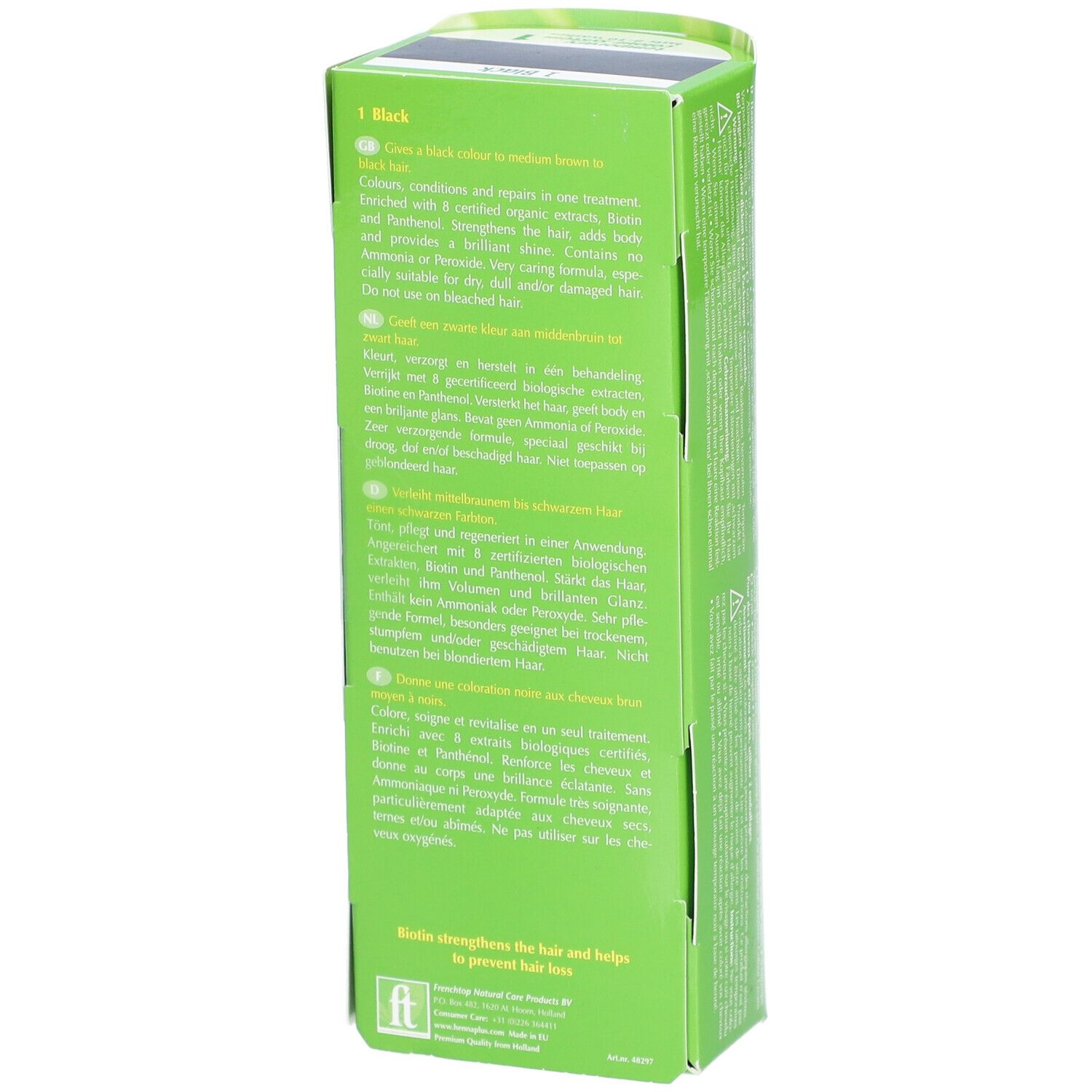 Arrière de l'emballage Henna Plus Colour Cream Noir avec informations détaillées.