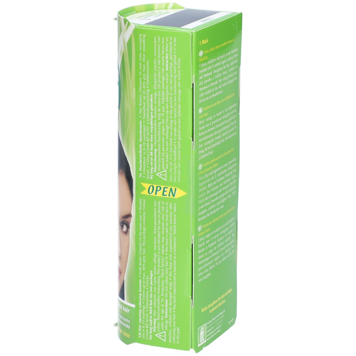 Vue latérale de l'emballage Henna Plus Colour Cream Noir avec indication 'OPEN'.