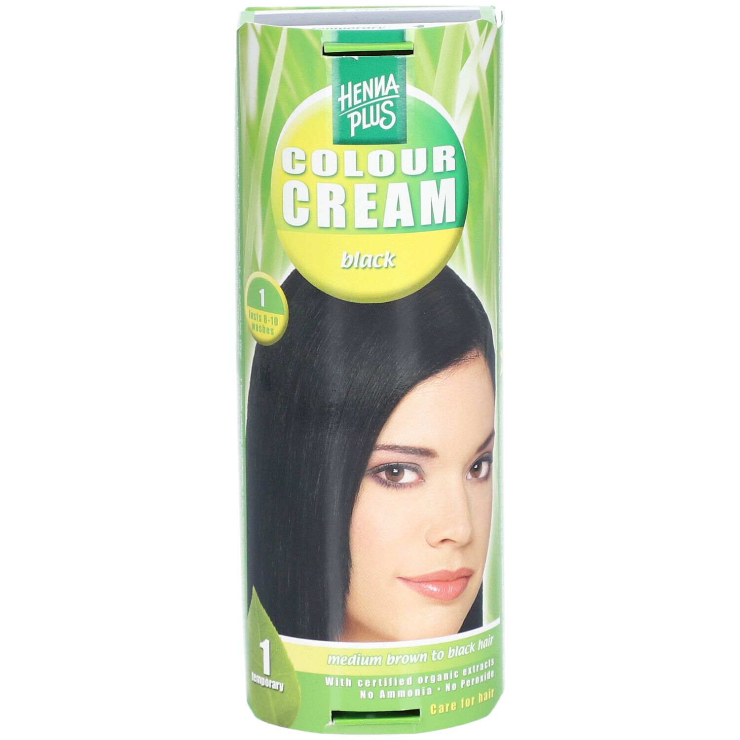 Avant de l'emballage Henna Plus Colour Cream Noir, montre une femme aux cheveux noirs.