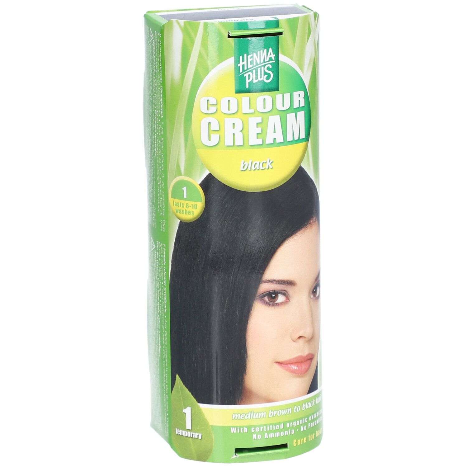 Avant de l'emballage Henna Plus Colour Cream Noir, montre une femme aux cheveux noirs.