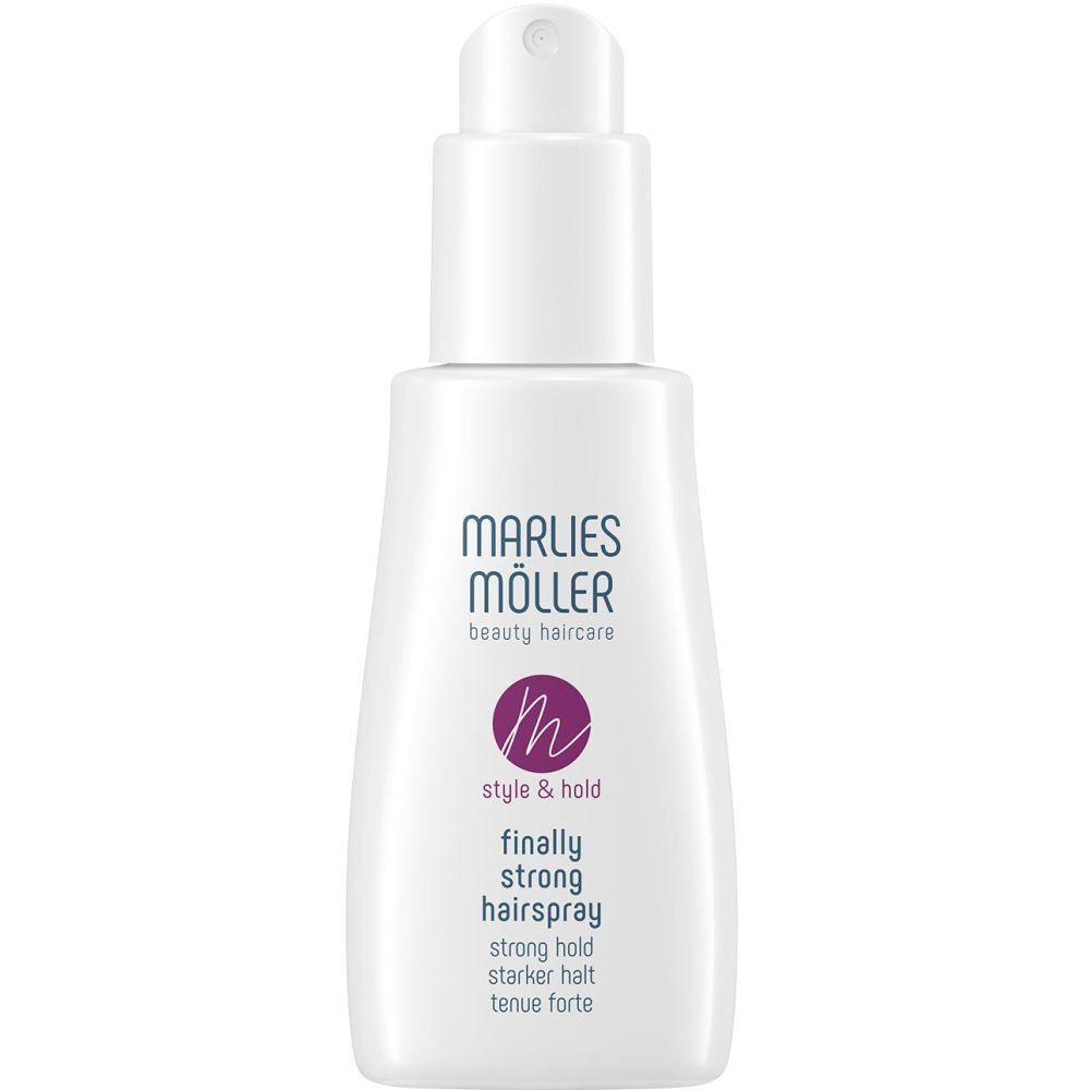 Flacon de laque blanc. Logo Marlies Möller et nom du produit. Style & Hold, finally strong hairspray.