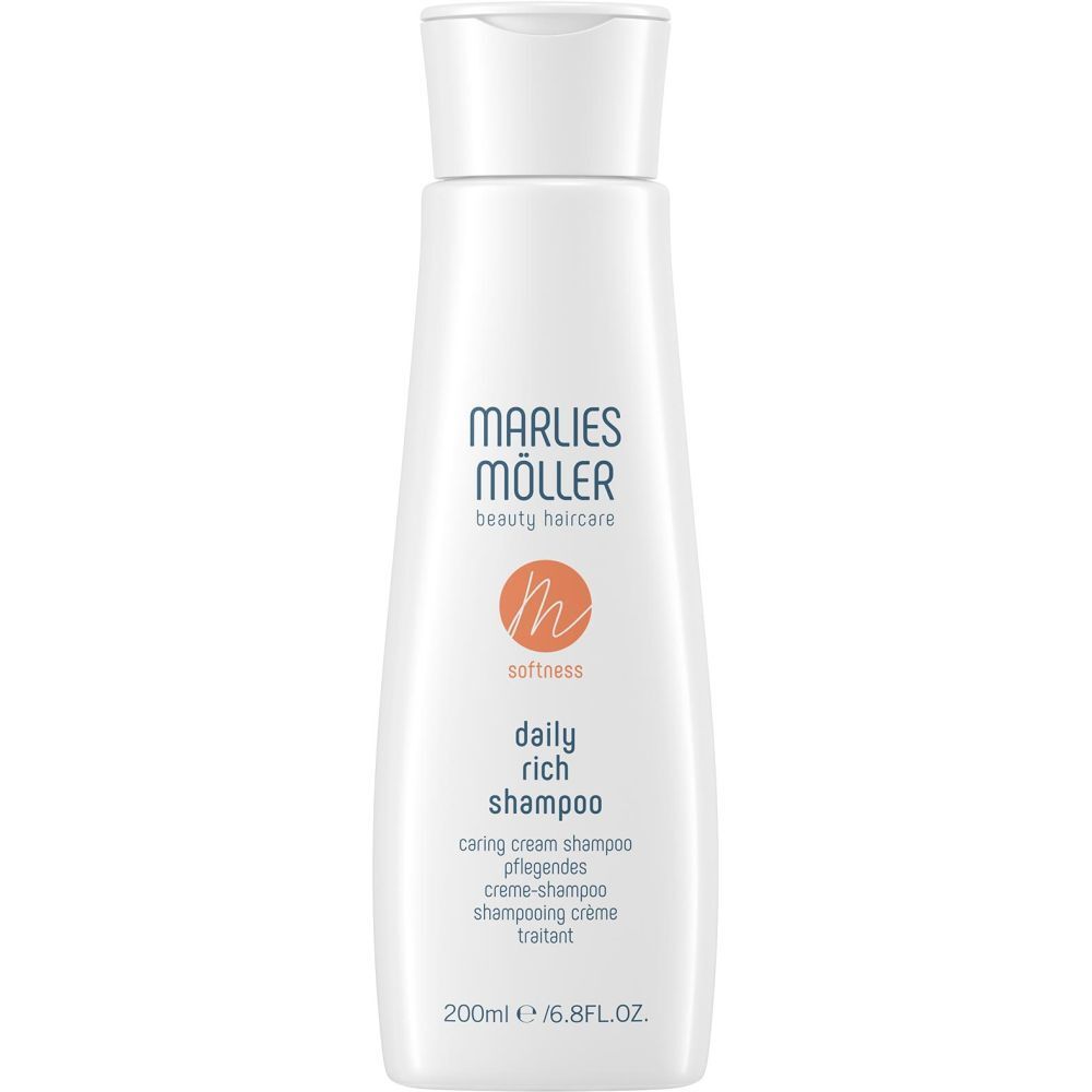 Flacon blanc avec bouchon blanc. Inscription : Marlies Möller, beauty haircare, daily rich shampoo. Logo orange.