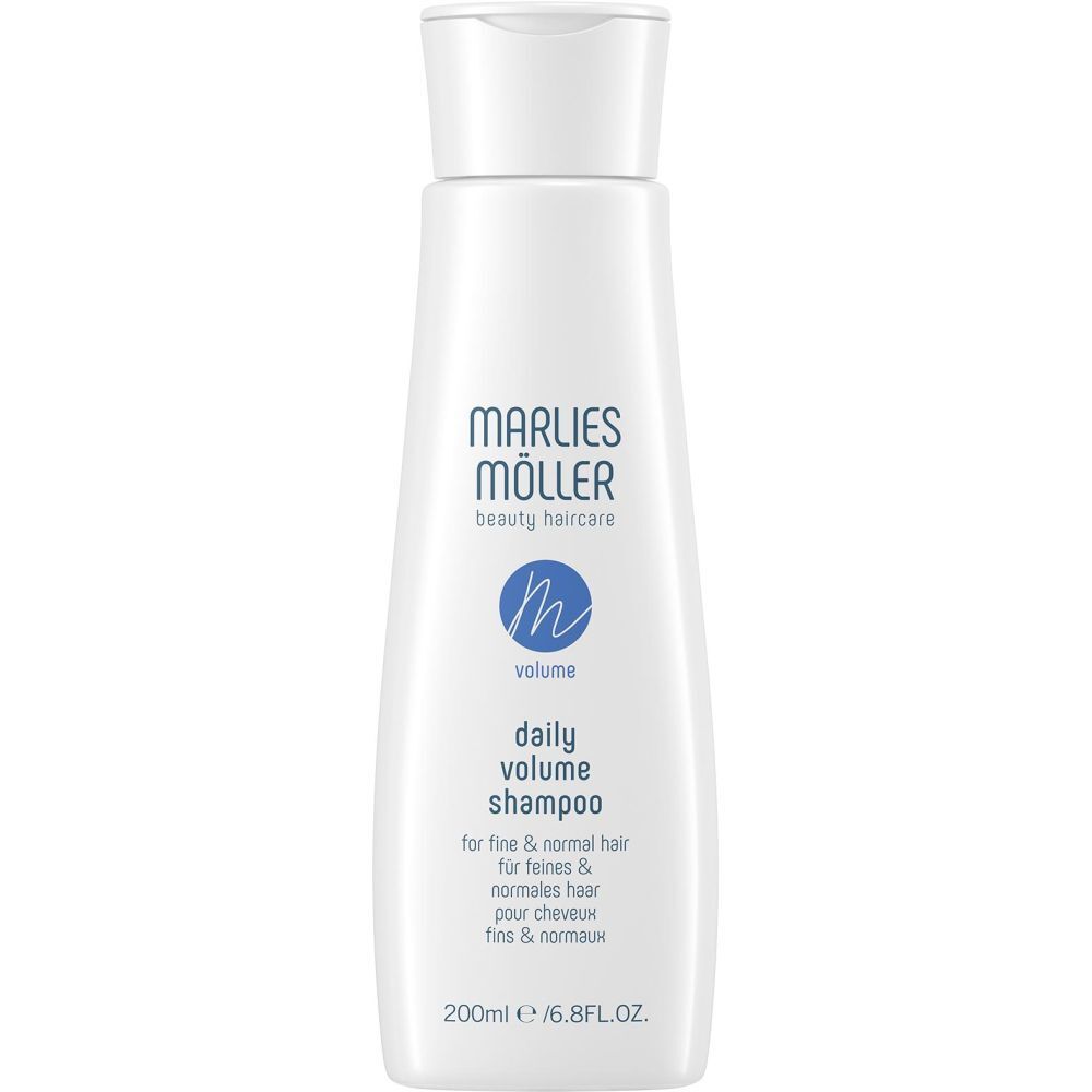 Flacon de shampooing blanc avec étiquette bleue. Inscription: Marlies Möller, Volume Daily Volume Shampoo. 200ml.