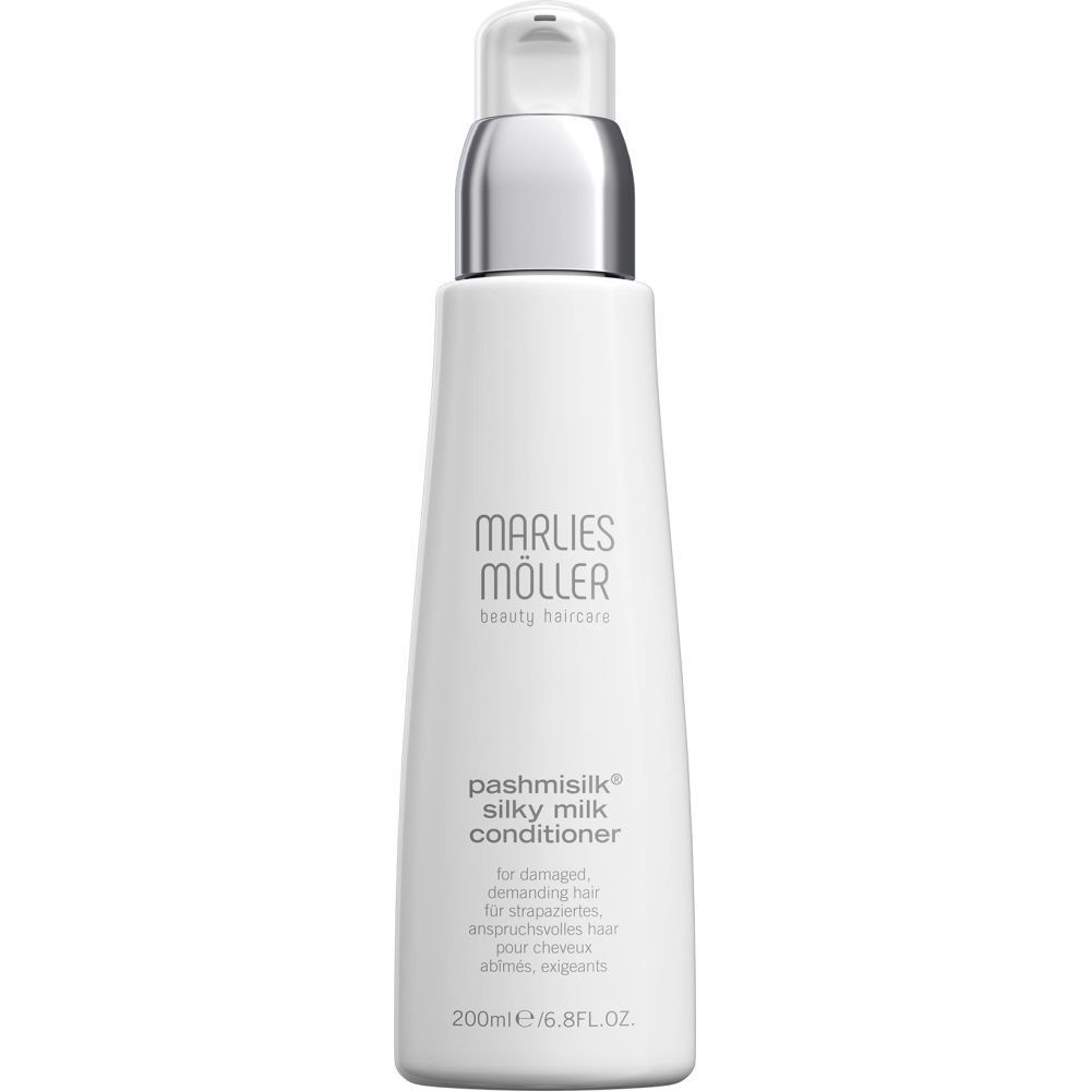 Flacon blanc avec pompe. Inscription: Marlies Möller, Pashmisilk Silky Milk Conditioner. 200ml.