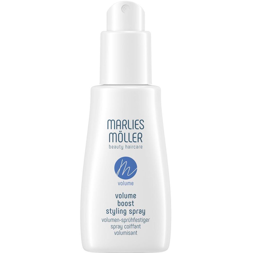 Spray blanc Marlies Möller. Texte: Volume Boost Styling Spray. Logo bleu.