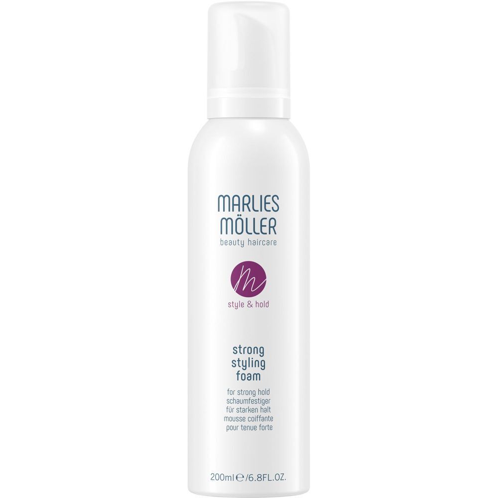 Flacon blanc avec bouchon pulvérisateur. Inscription: Marlies Möller, Style & Hold, Strong Styling Foam. 200ml.