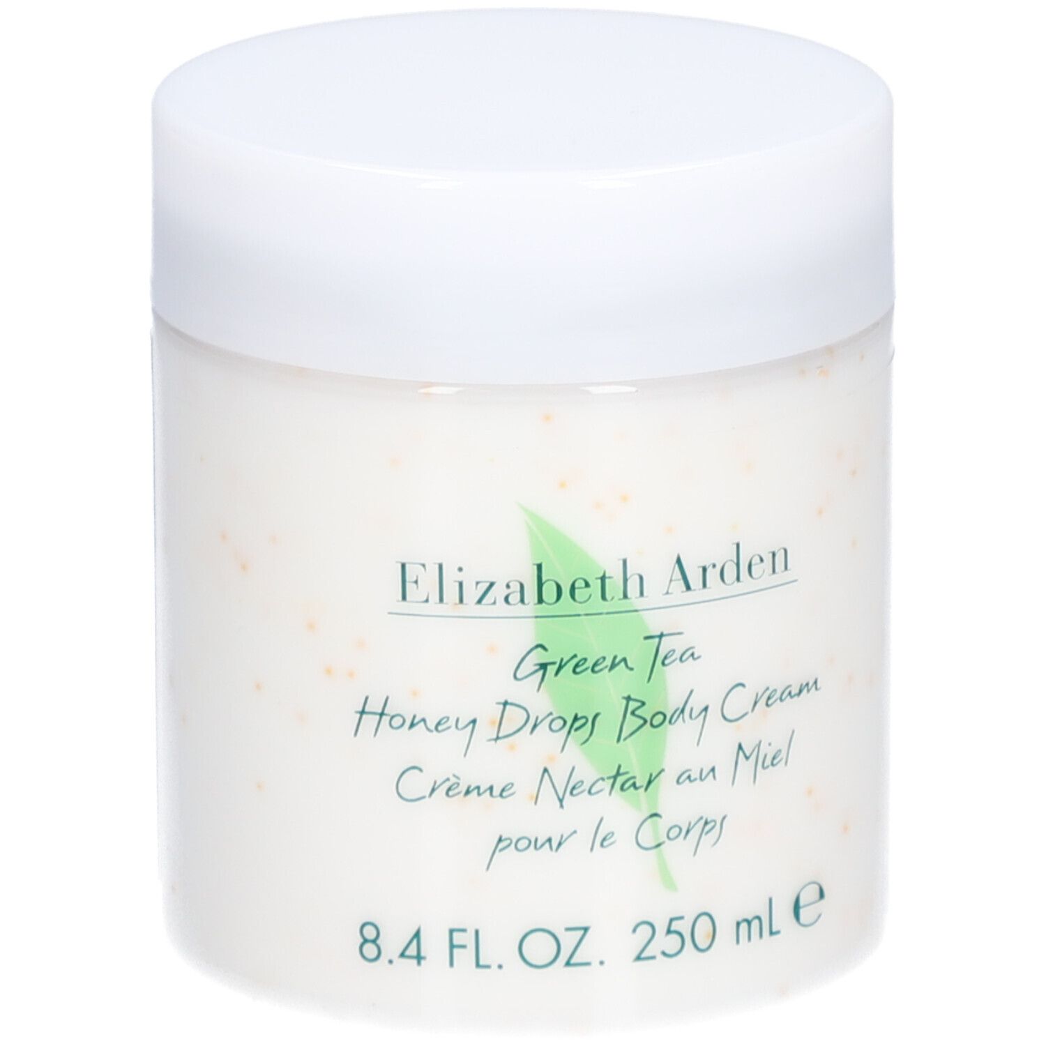 Pot blanc avec couvercle. Inscription : Elizabeth Arden, Green Tea, Honey Drops Body Cream. 8.4 FL. OZ. 250 ml.