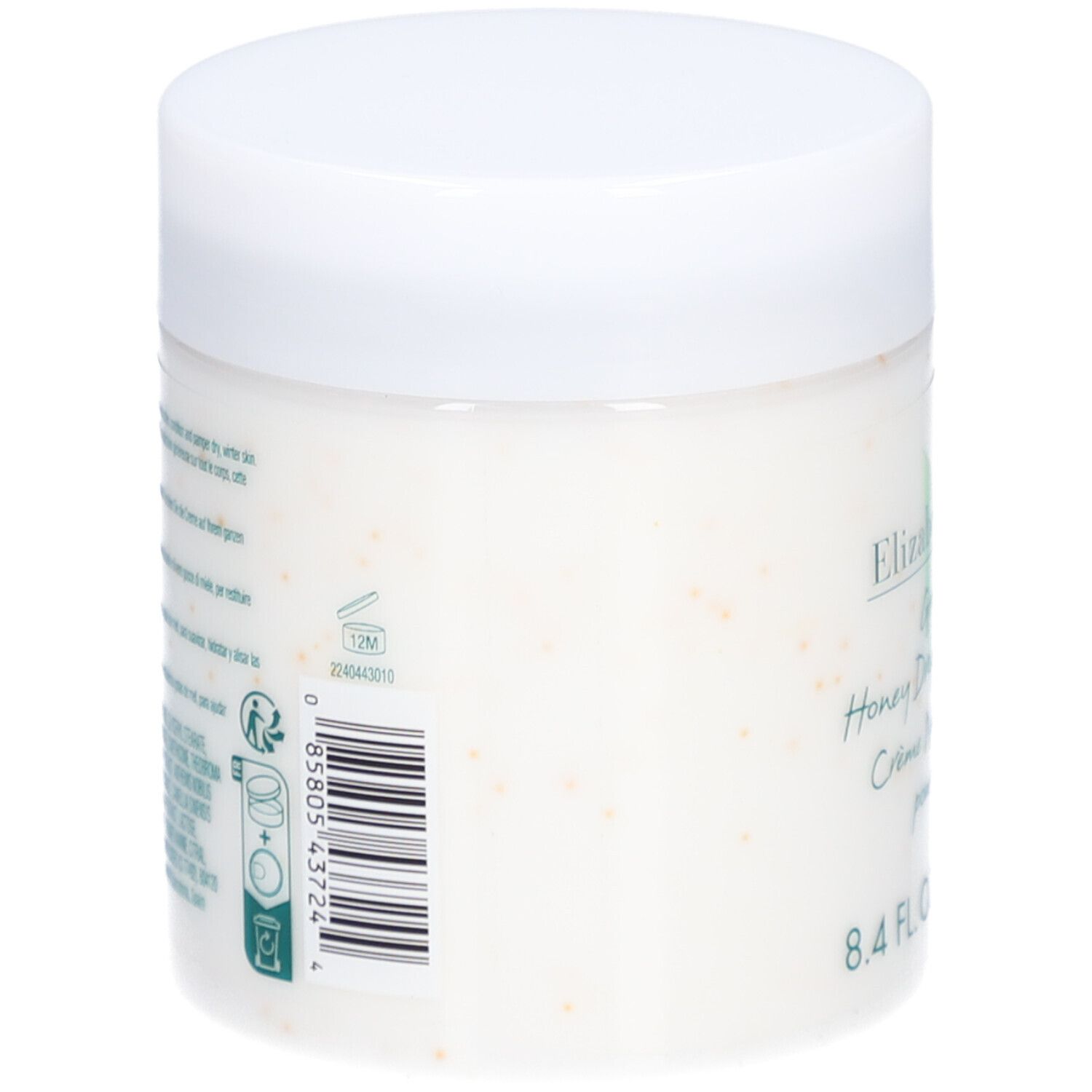 Pot blanc avec couvercle. Étiquette latérale avec texte et code-barres. 8.4 FL. OZ. 250 ml.