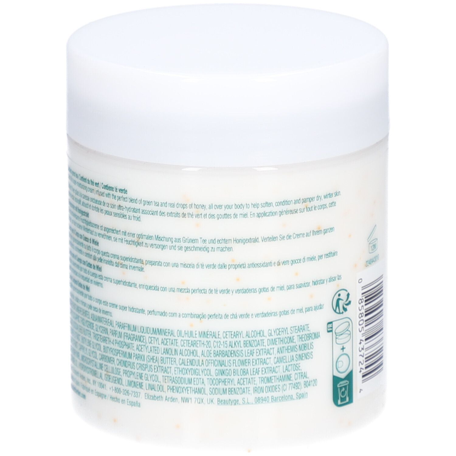 Pot blanc avec couvercle. Texte multilingue sur le côté. 8.4 FL. OZ. 250 ml.