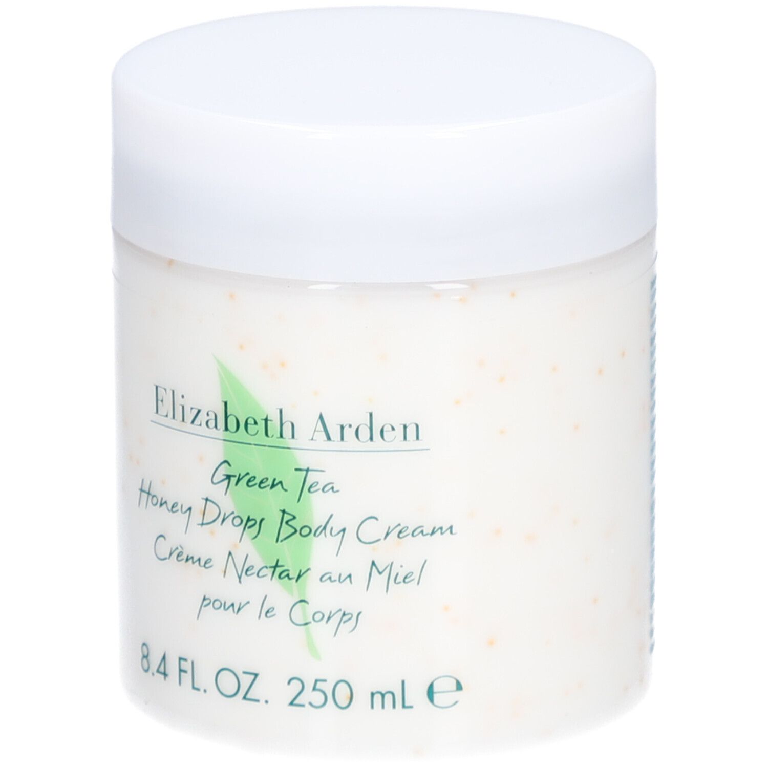 Pot blanc avec couvercle. Inscription : Elizabeth Arden, Green Tea, Honey Drops Body Cream. 8.4 FL. OZ. 250 ml.