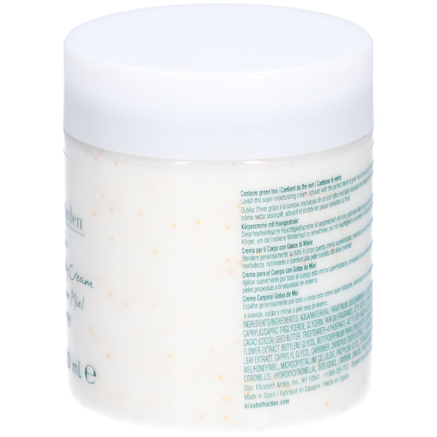 Pot blanc avec couvercle. Texte multilingue sur le côté. 8.4 FL. OZ. 250 ml.