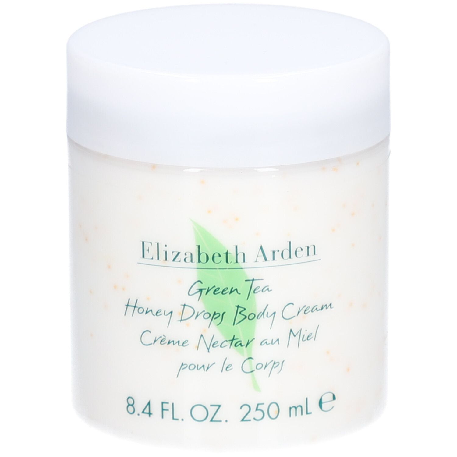 Pot blanc avec couvercle. Inscription : Elizabeth Arden, Green Tea, Honey Drops Body Cream. 8.4 FL. OZ. 250 ml.
