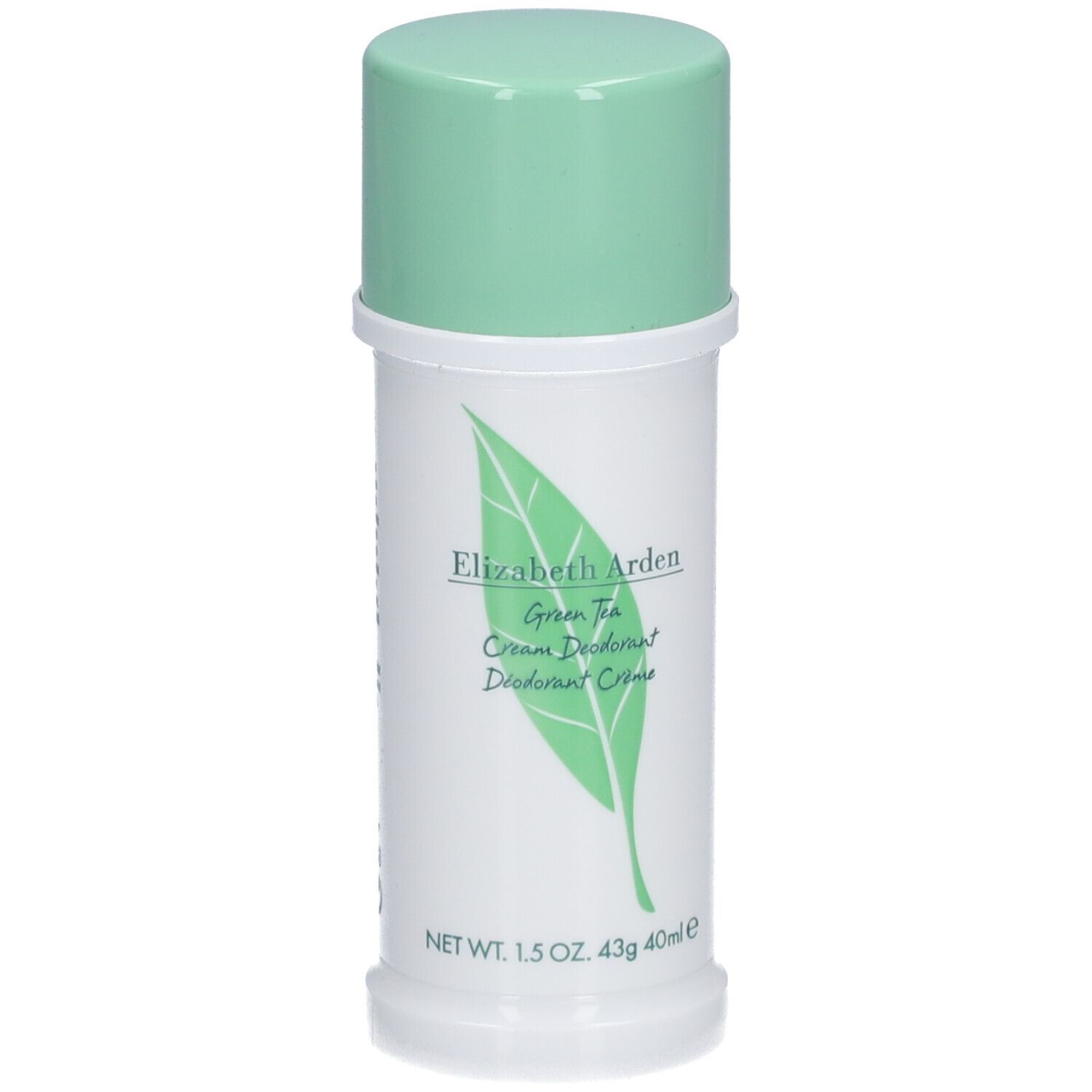 Déodorant crème blanc, bouchon vert. Inscription: Elizabeth Arden Green Tea. Logo feuille. 1.5 OZ, 43g, 40ml.