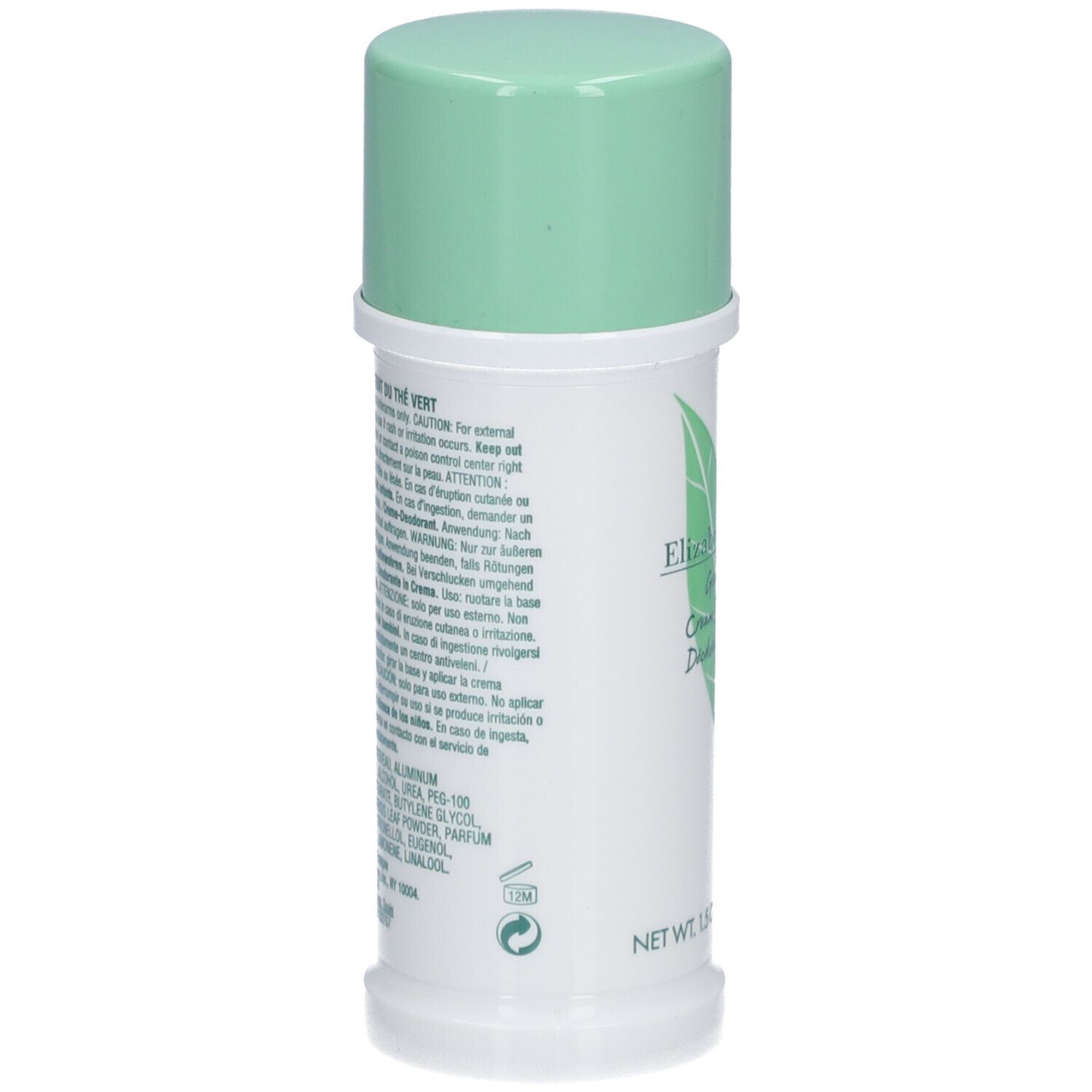 Dos du déodorant blanc, bouchon vert. Texte et logo feuille. 1.5 OZ, 43g, 40ml.