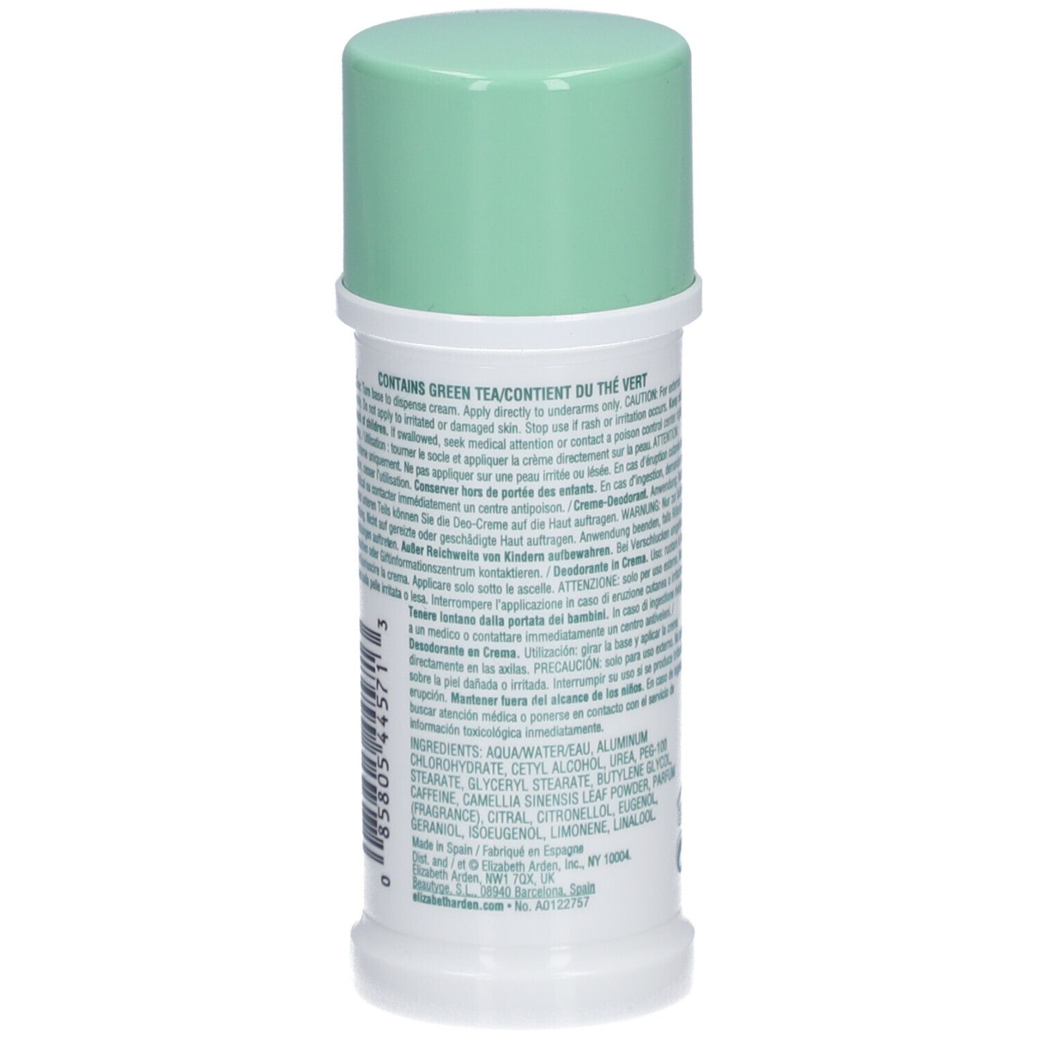 Dos du déodorant blanc, bouchon vert. Texte et logo feuille. 1.5 OZ, 43g, 40ml.