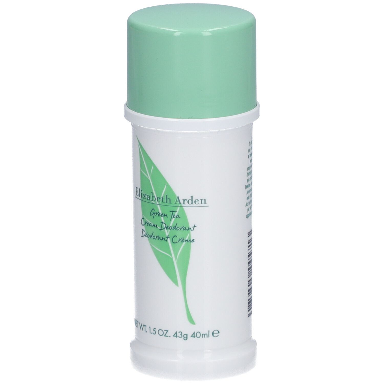 Déodorant crème blanc, bouchon vert. Inscription: Elizabeth Arden Green Tea. Logo feuille. 1.5 OZ, 43g, 40ml.