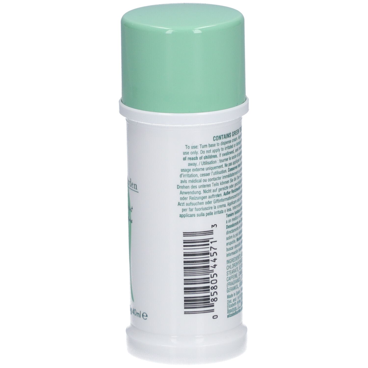 Dos du déodorant blanc, bouchon vert. Texte et logo feuille. 1.5 OZ, 43g, 40ml.