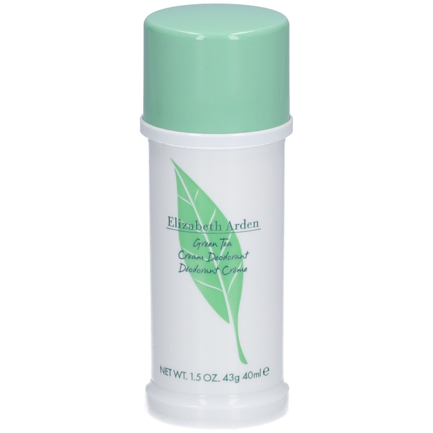 Déodorant crème blanc, bouchon vert. Inscription: Elizabeth Arden Green Tea. Logo feuille. 1.5 OZ, 43g, 40ml.