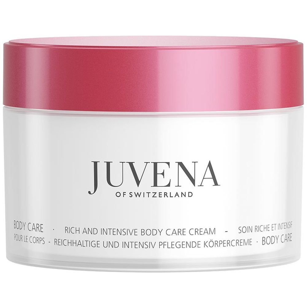 Pot de crème avec couvercle rouge. Inscription: Juvena of Switzerland. Texte: Body Care, Rich and Intensive Body Care Cream.