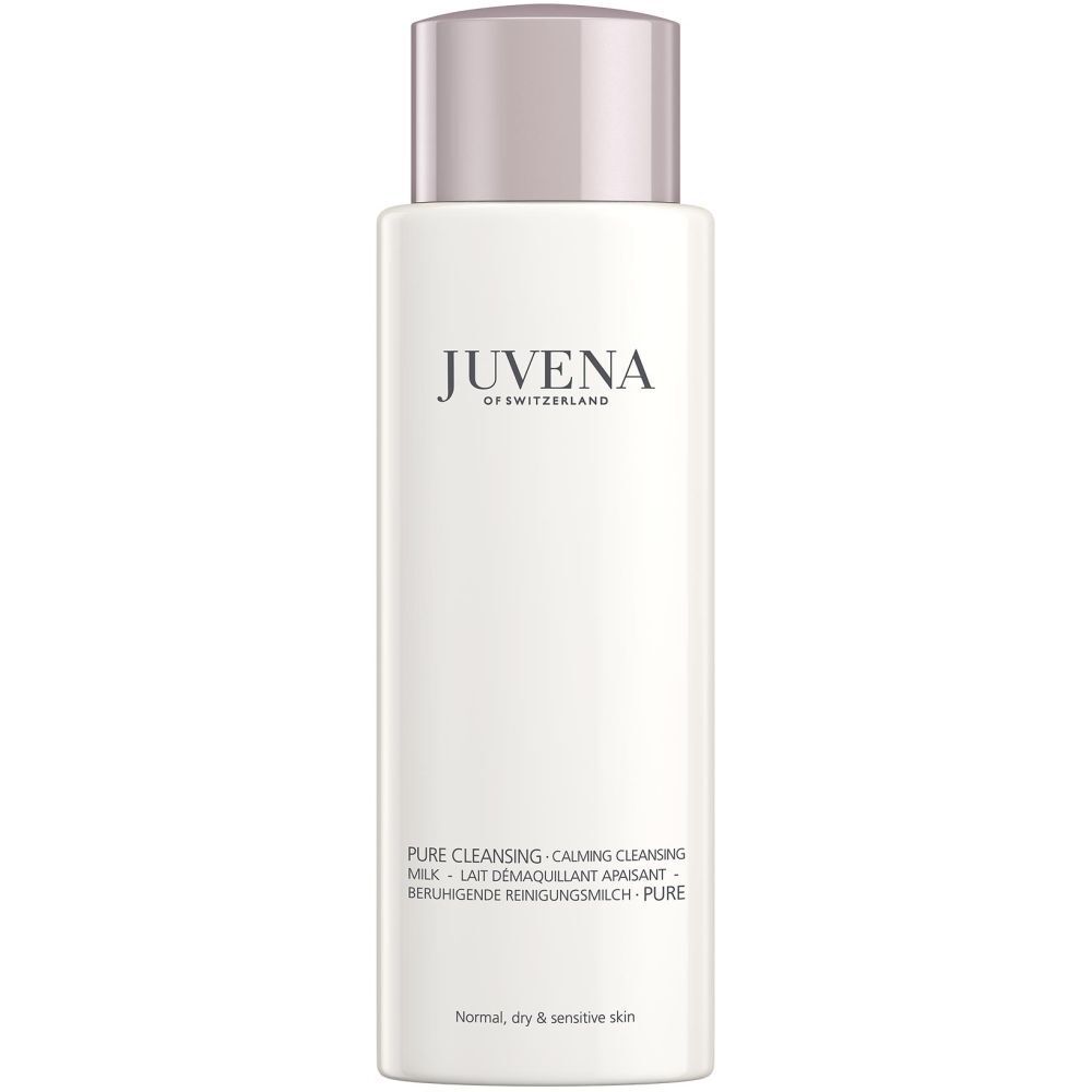 Bouteille blanche de Lait Démaquillant Apaisant Juvena avec bouchon argenté. Texte sur le devant.
