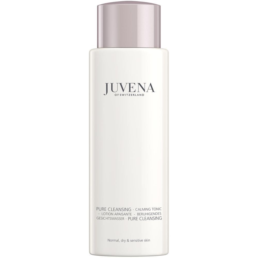 Flacon blanc avec bouchon rose. Inscription : Juvena of Switzerland. Texte : Pure Cleansing, Calming Tonic.
