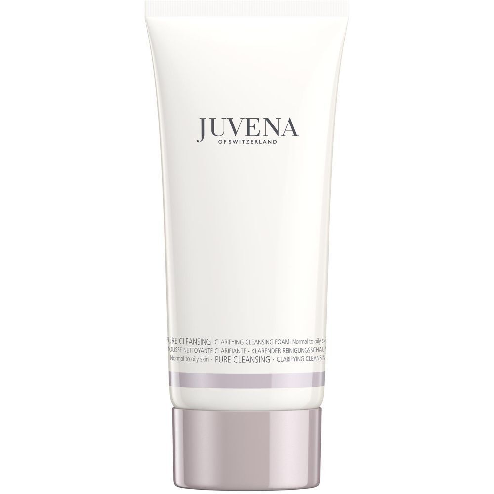Tube blanche avec nom de produit et marque. Bouchon gris. Texte: Clarifying Cleansing Foam.