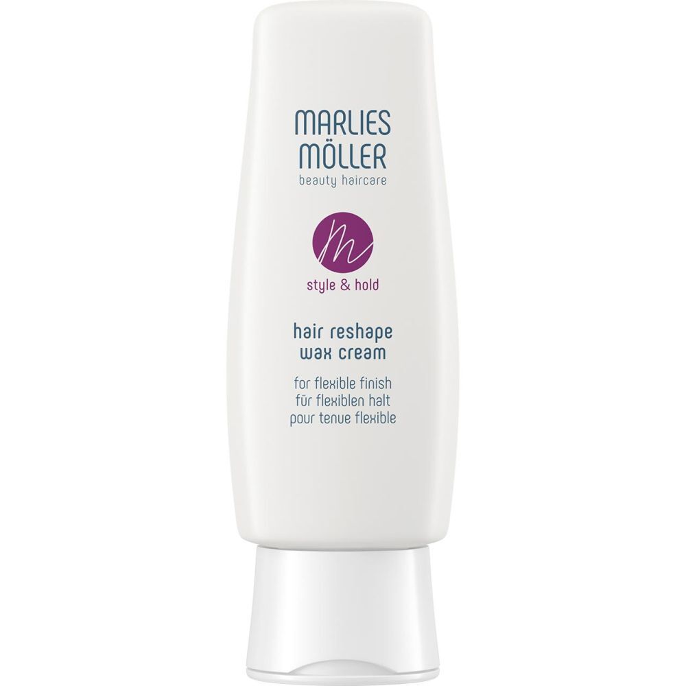Tube blanc MARLIES MÖLLER Hair Reshape Wax Cream. Logo et texte violets. Pour une finition souple.