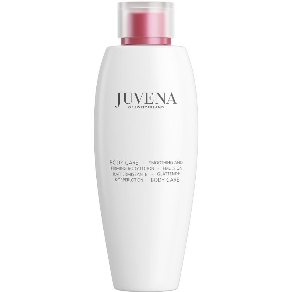 Flacon blanc, bouchon rouge. Marque: Juvena of Switzerland. Texte: Body Care, Smoothing and Firming Body Lotion.