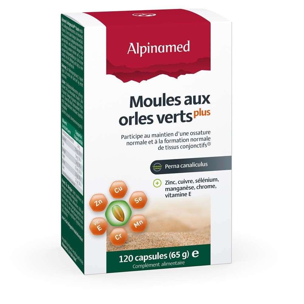 Alpinamed Moules aux orles verts plus. Boîte de 120 capsules. Contient zinc, cuivre, sélénium, manganèse, chrome, vitamine E.