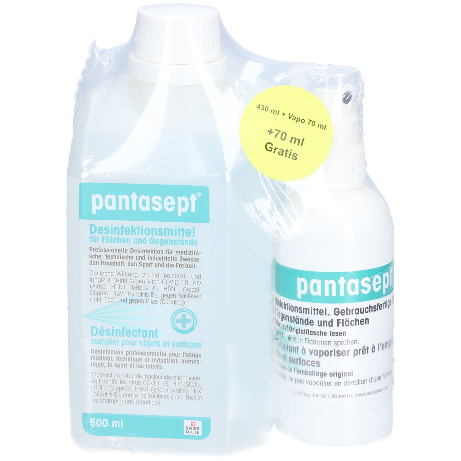 Ensemble de deux flacons. Un grand flacon avec "pantasept" et du texte. Un petit flacon pulvérisateur avec "pantasept". Les deux sont emballés dans du film.