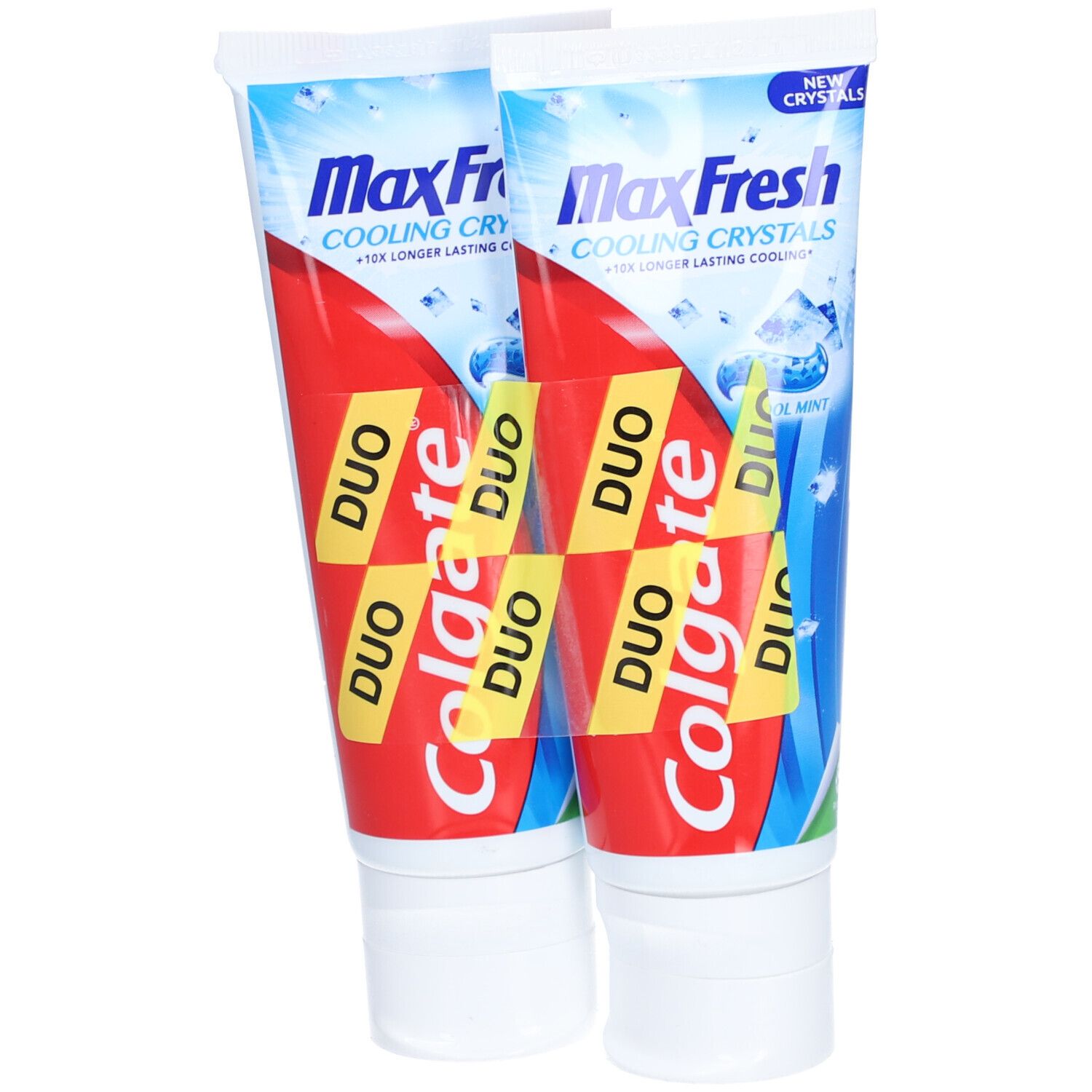 Deux tubes de dentifrice Colgate Max Fresh Cool Mint. Emballage rouge et bleu avec nom du produit et autocollant Duo.