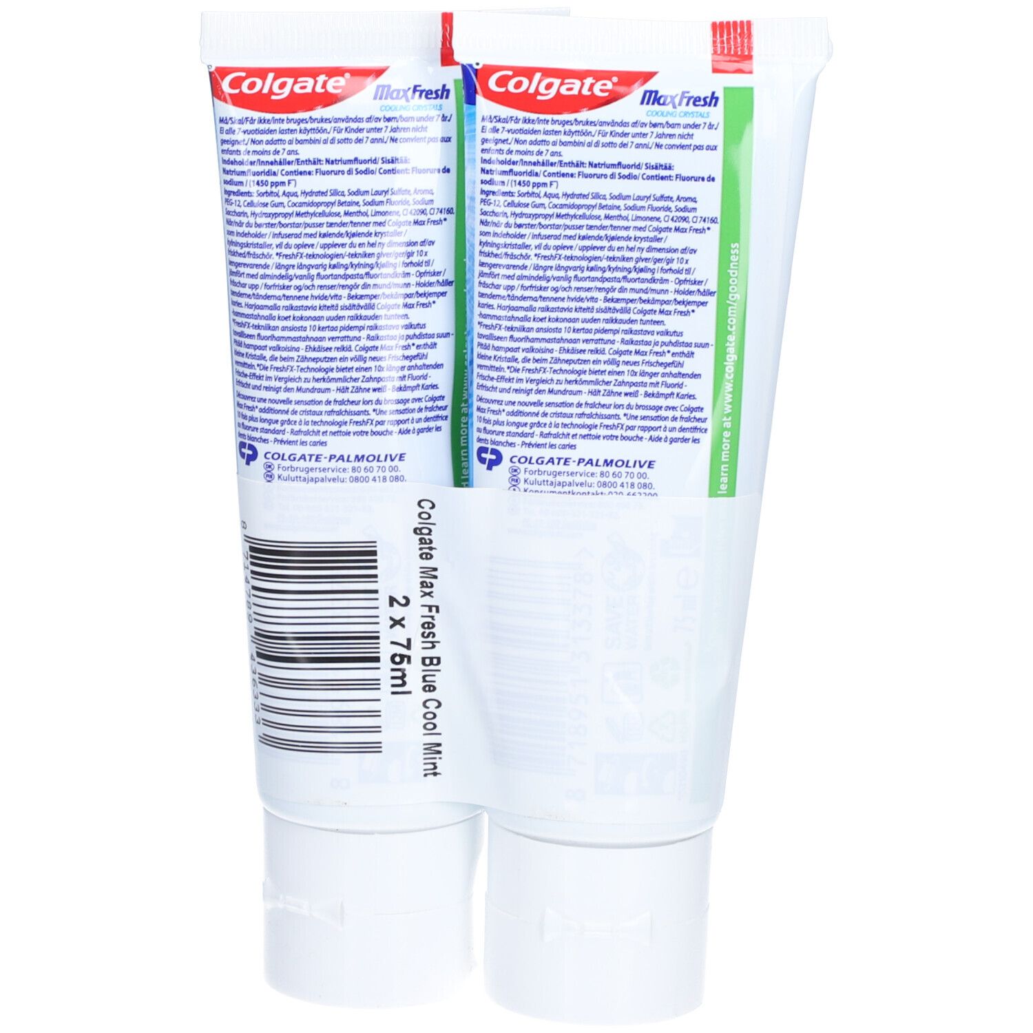 Dos de deux tubes de dentifrice Colgate Max Fresh Cool Mint. Tubes blancs avec texte et informations sur le produit.