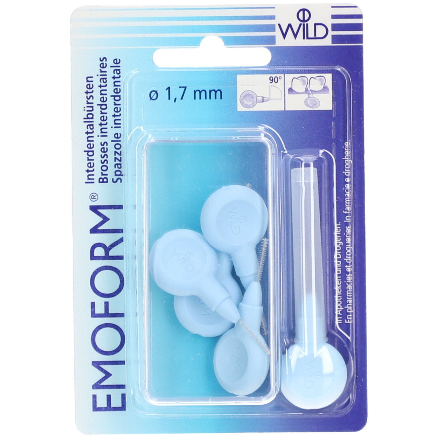 Emballage blister avec brossettes interdentaires bleu clair. Têtes de brosse, manche, diamètre 1,7 mm visibles. Logo EMOFORM®.